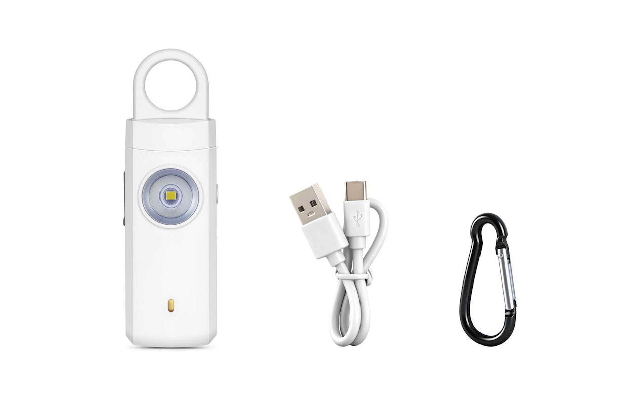 Persoonlijk veiligheidsalarm - Met 130db noodsirene en SOS-LED-licht - Met karabijnhaak - USB oplaadbaar - Wit