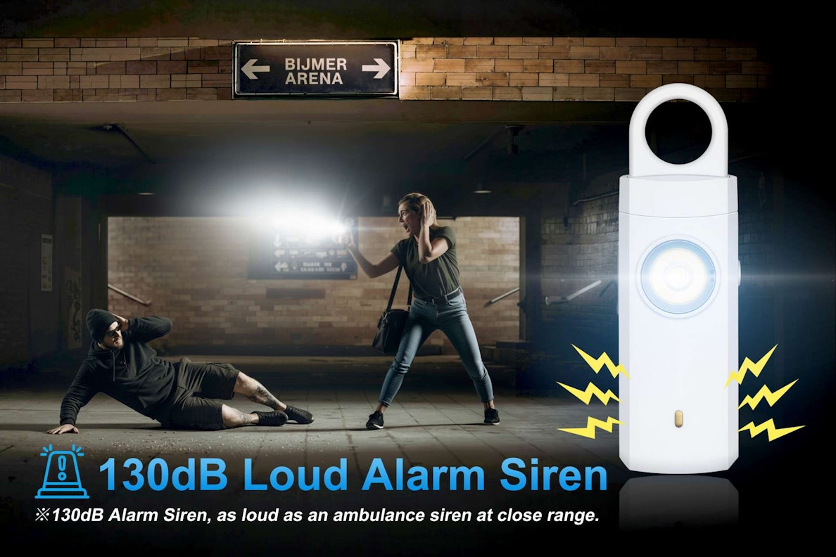 Persoonlijk veiligheidsalarm - Met 130db noodsirene en SOS-LED-licht - Met karabijnhaak - USB oplaadbaar - Wit