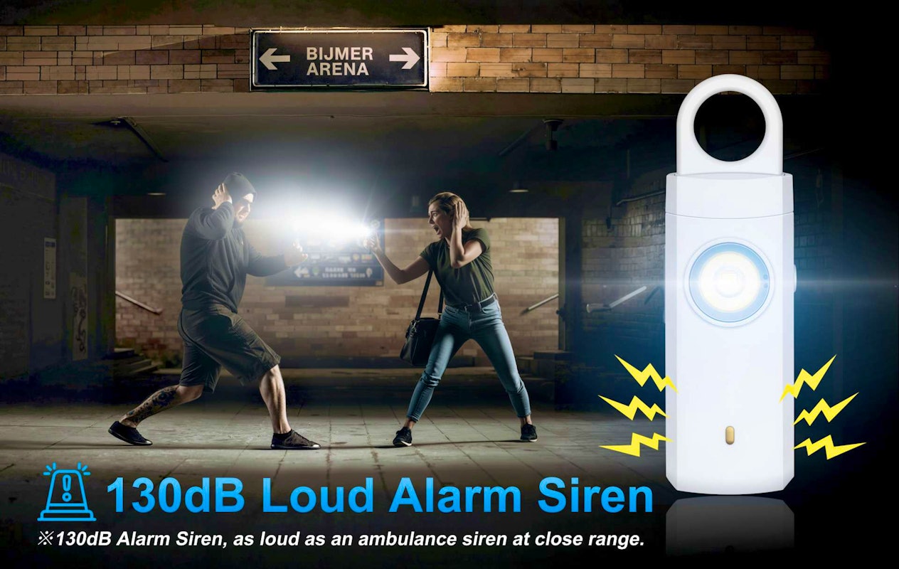 Persoonlijk veiligheidsalarm - Met 130db noodsirene en SOS-LED-licht - Met karabijnhaak - USB oplaadbaar - Wit