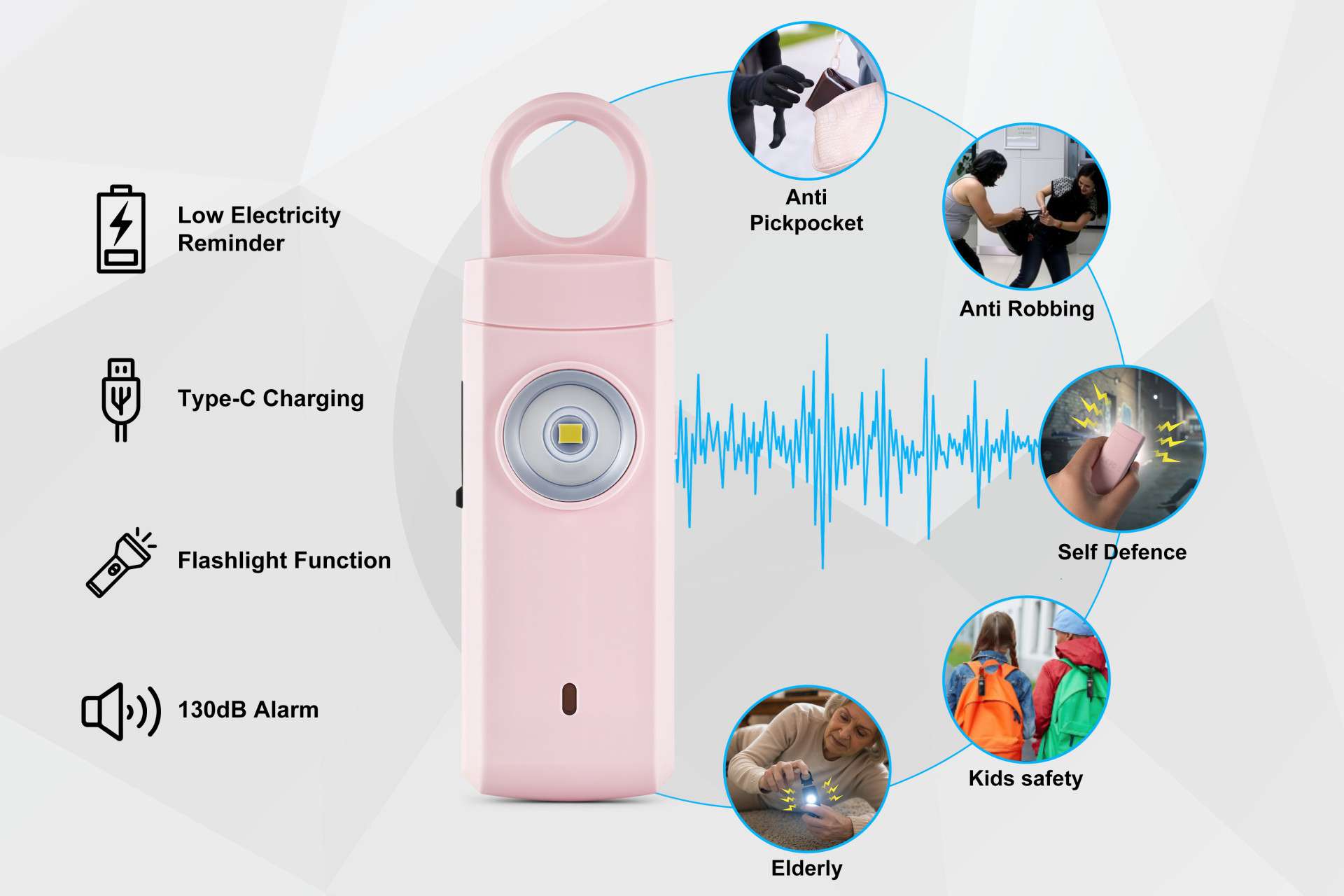 Alarme personnel de sécurité - Avec sirène d'urgence 130 dB et lumière LED SOS
