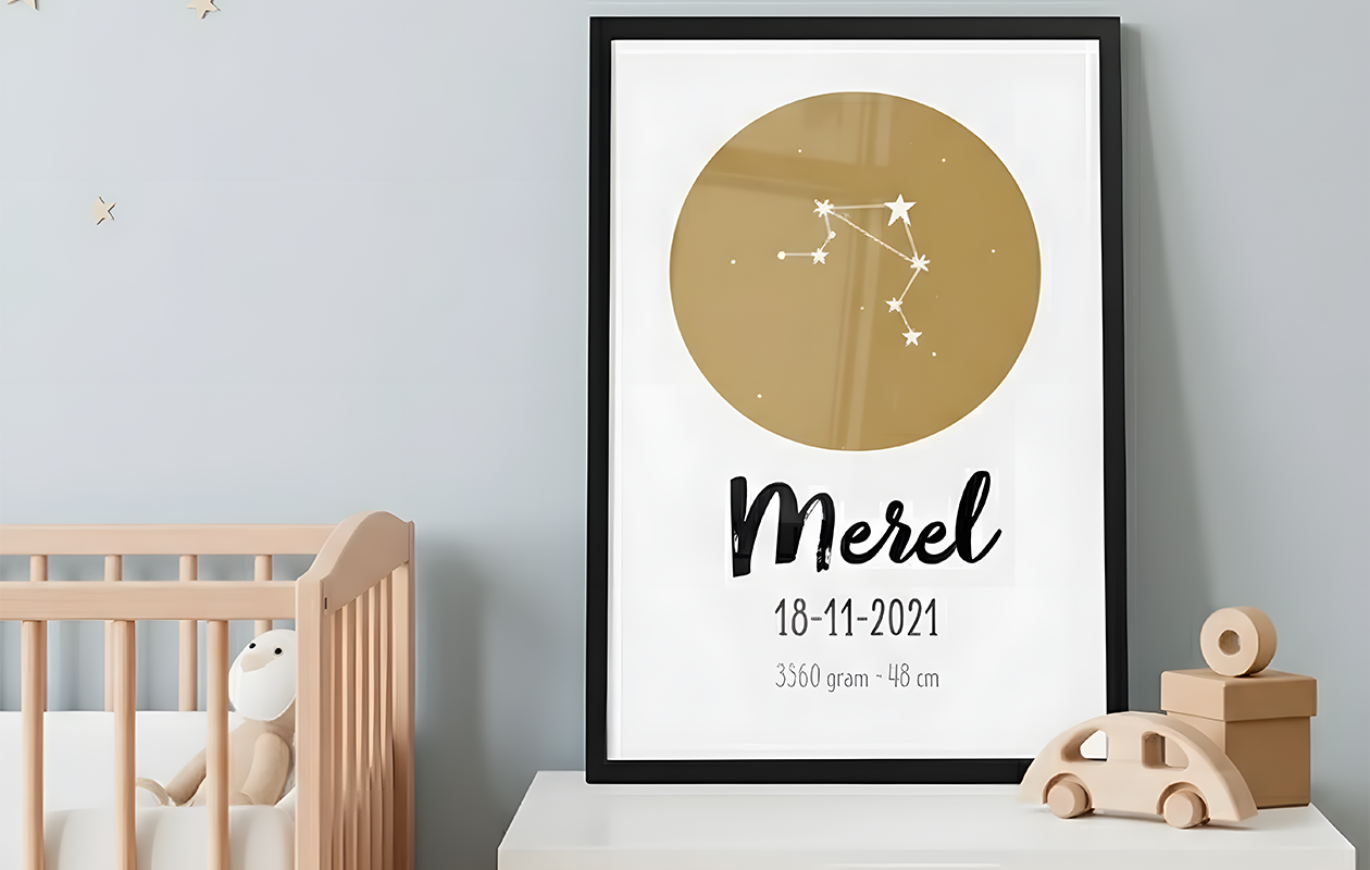 Jouw gepersonaliseerde geboorteposter in lijst met sterrenbeeld (20x30cm)