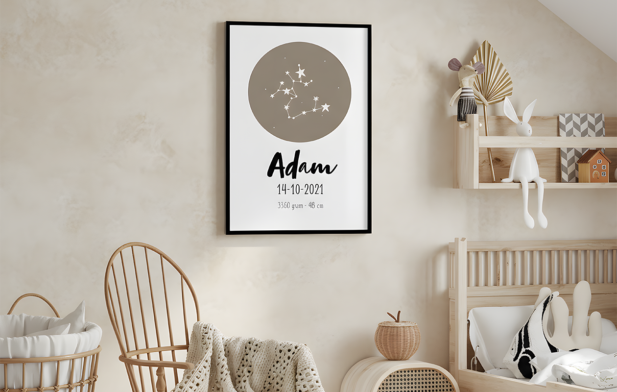 Jouw gepersonaliseerde geboorteposter in lijst met sterrenbeeld (20x30cm)