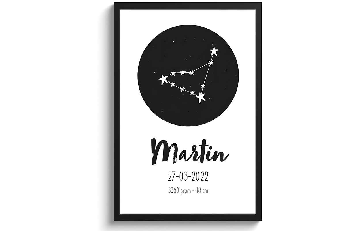 Jouw gepersonaliseerde geboorteposter in lijst met sterrenbeeld (20x30cm)