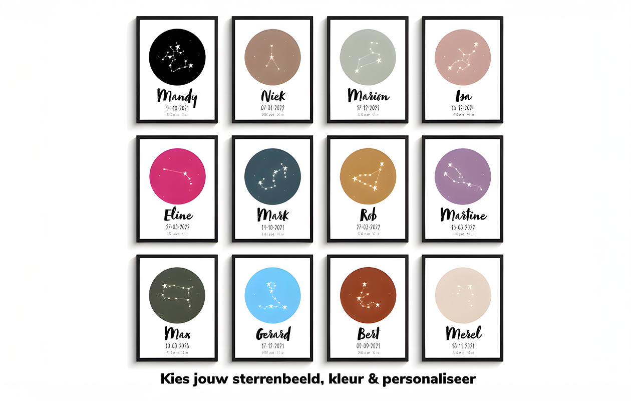 Jouw gepersonaliseerde geboorteposter in lijst met sterrenbeeld (20x30cm)