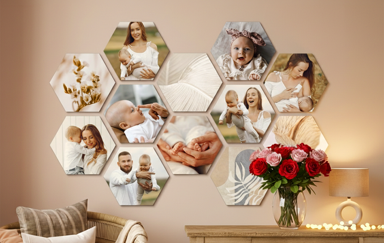 Recevez 110 € de réduction sur une photo sur hexagone – 8 pièces (22 x 19 cm)