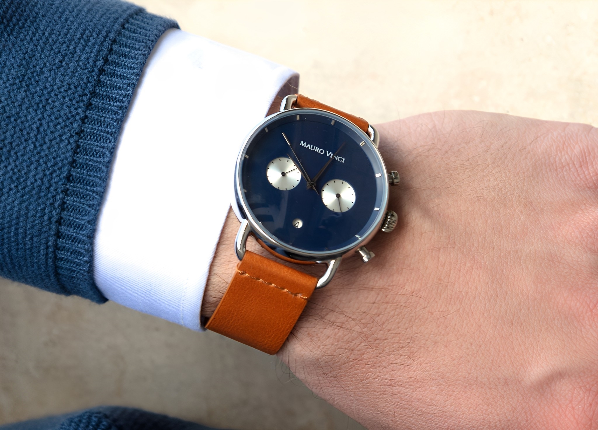 Chronograaf horloge met lederen cognac band