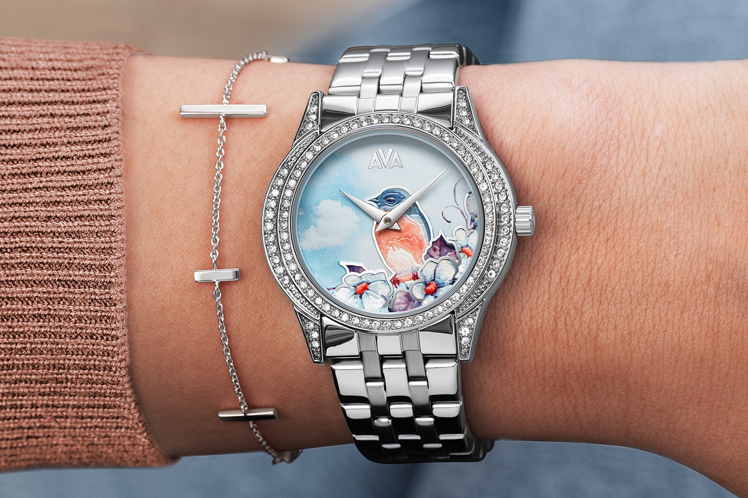 AVA dameshorloge Fåglar Silver