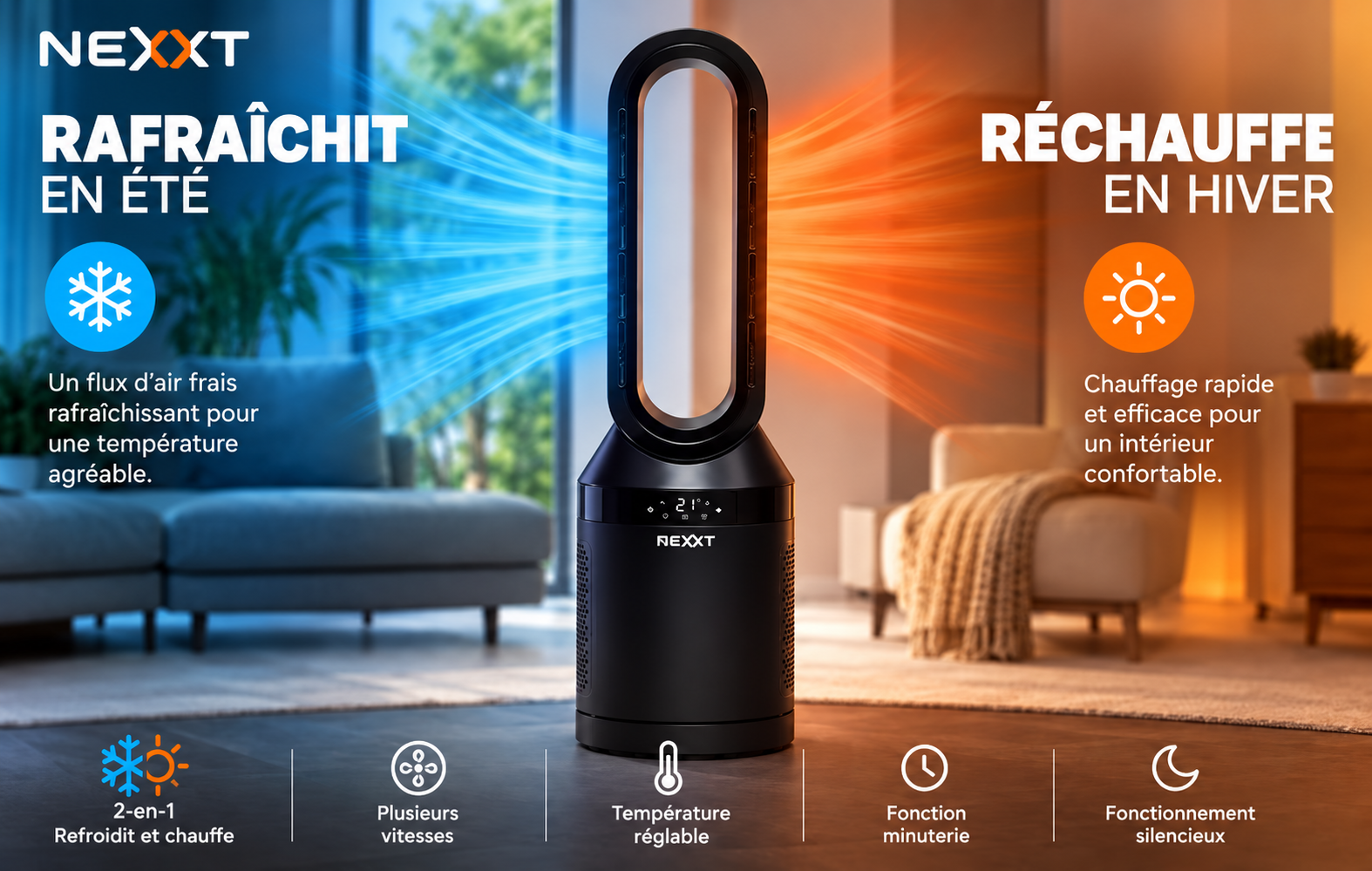 Nexxt - Chauffage sans pales XXL 2-en-1 - Noir