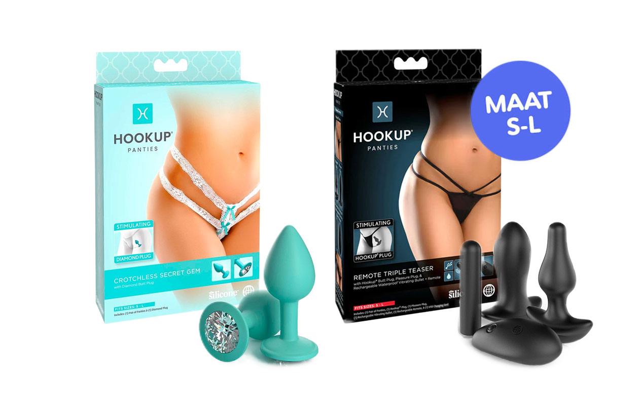 2 sexy slips S-L met 2 buttplugs + erotisch speeltje + afstandsbediening
