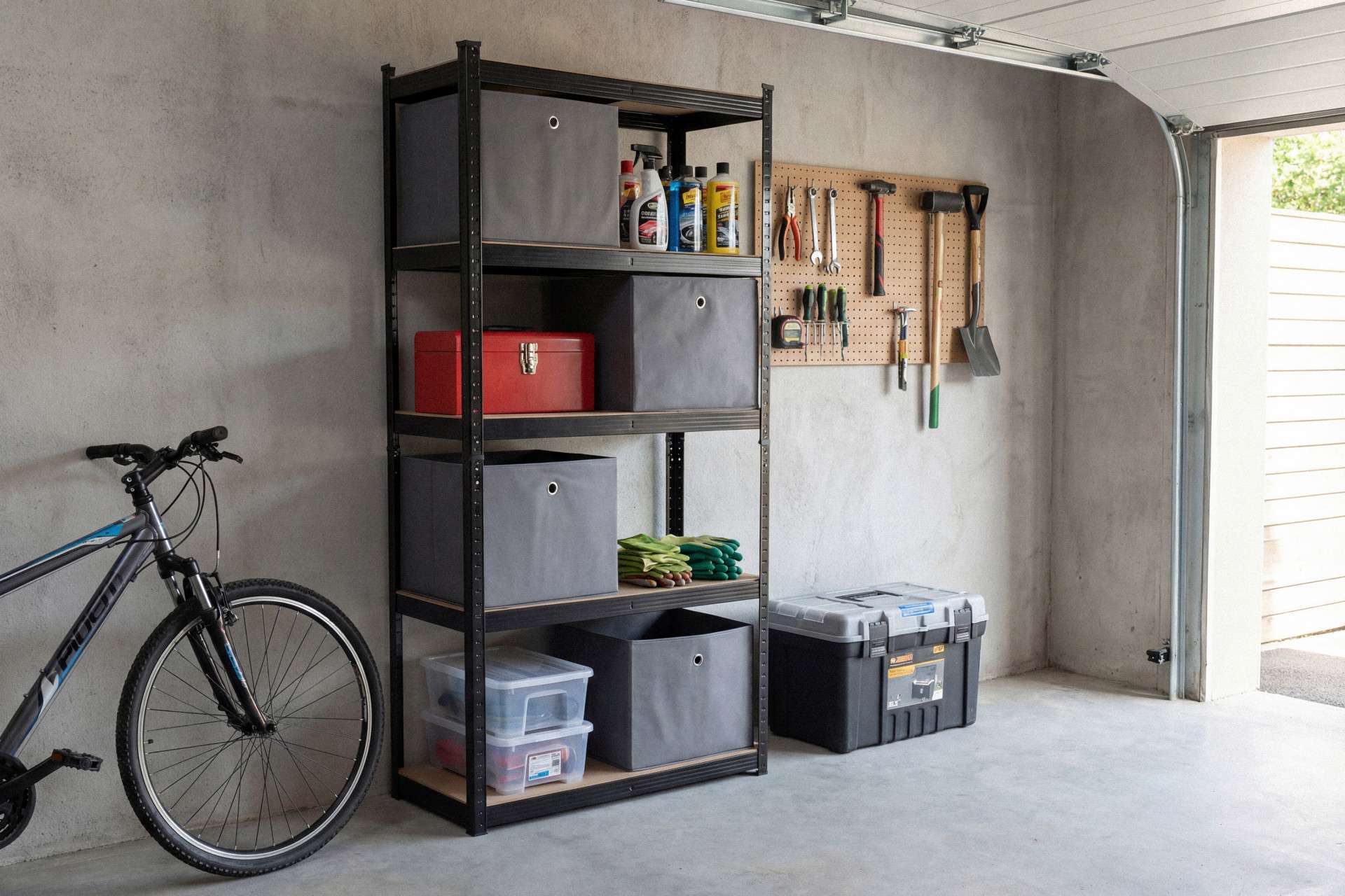 Feel Furniture - Schroefloos Opslagrek - 5 lagen - met 4 Grijze Boxen - Zwart