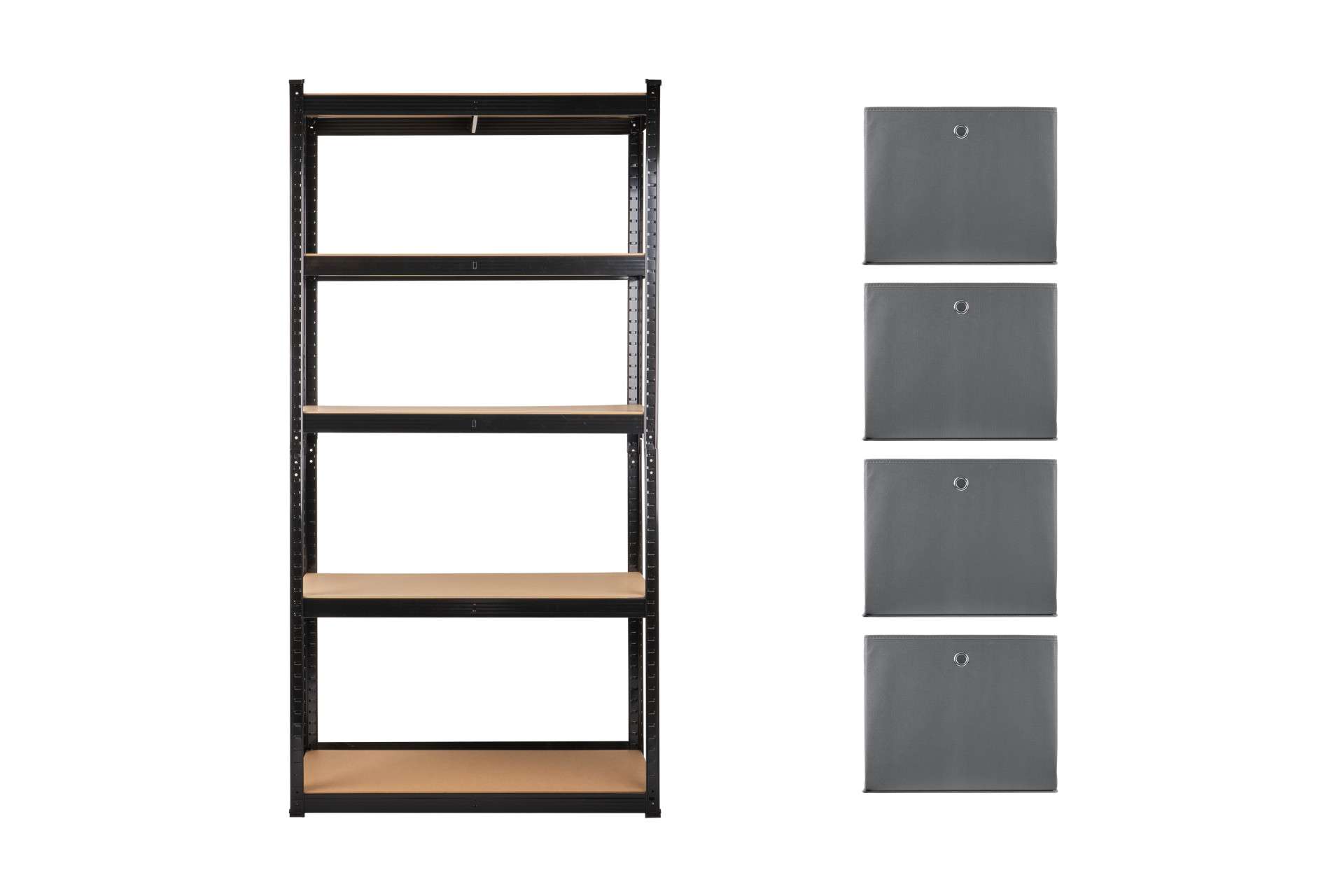 Feel Furniture - Schroefloos Opslagrek - 5 lagen - met 4 Grijze Boxen - Zwart