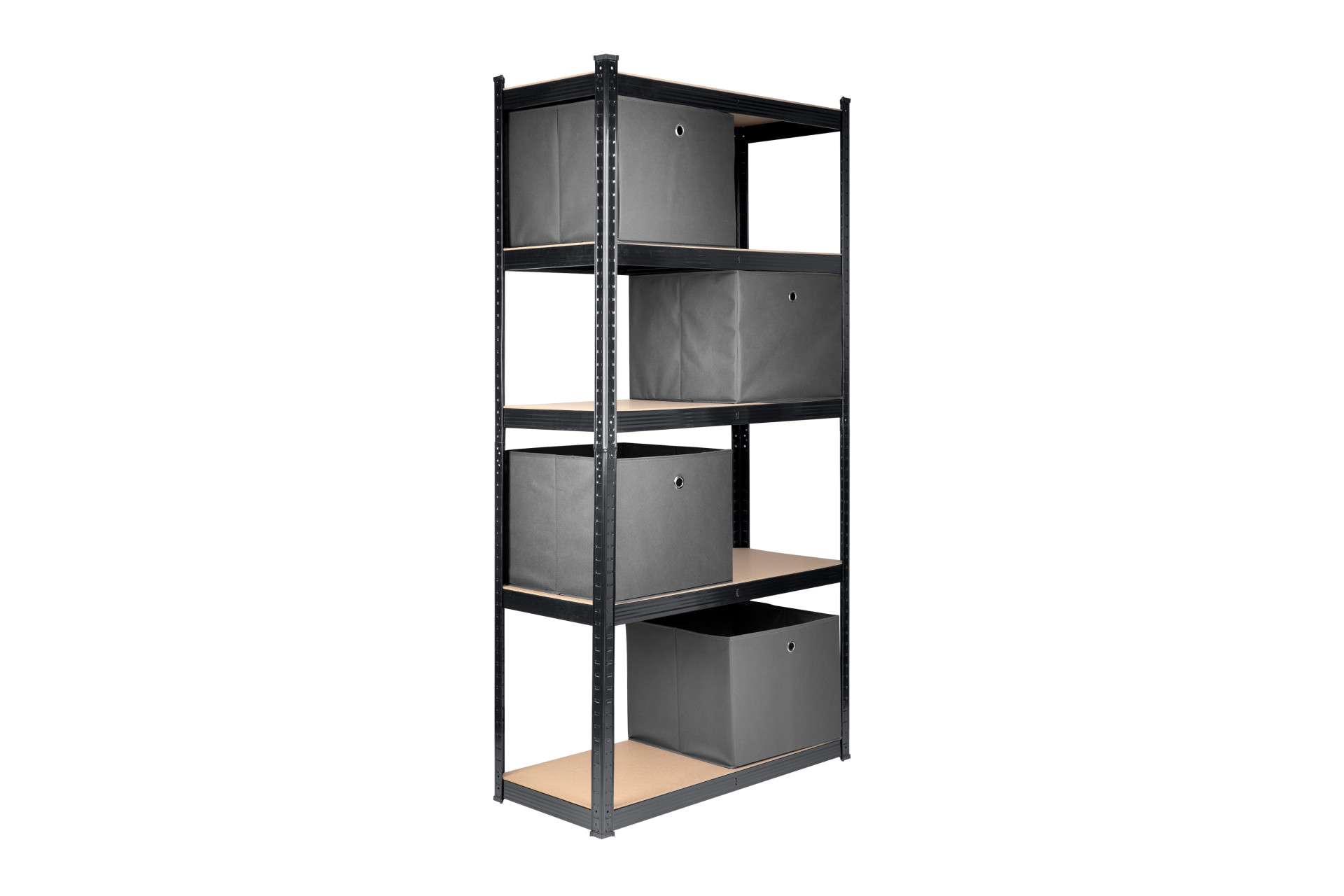 Feel Furniture - Schroefloos Opslagrek - 5 lagen - met 4 Grijze Boxen - Zwart