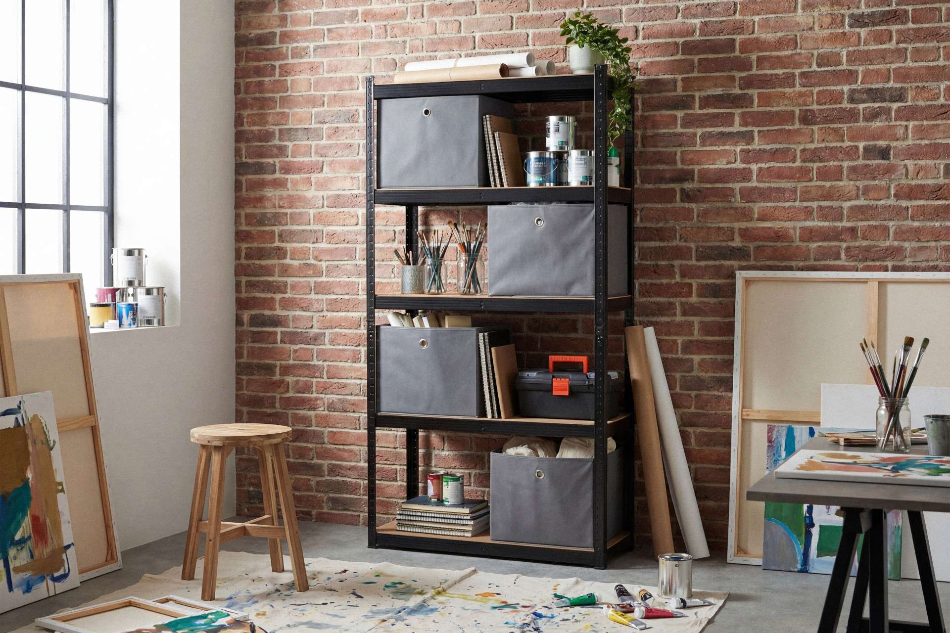 Feel Furniture - Schroefloos Opslagrek - 5 lagen - met 4 Grijze Boxen - Zwart