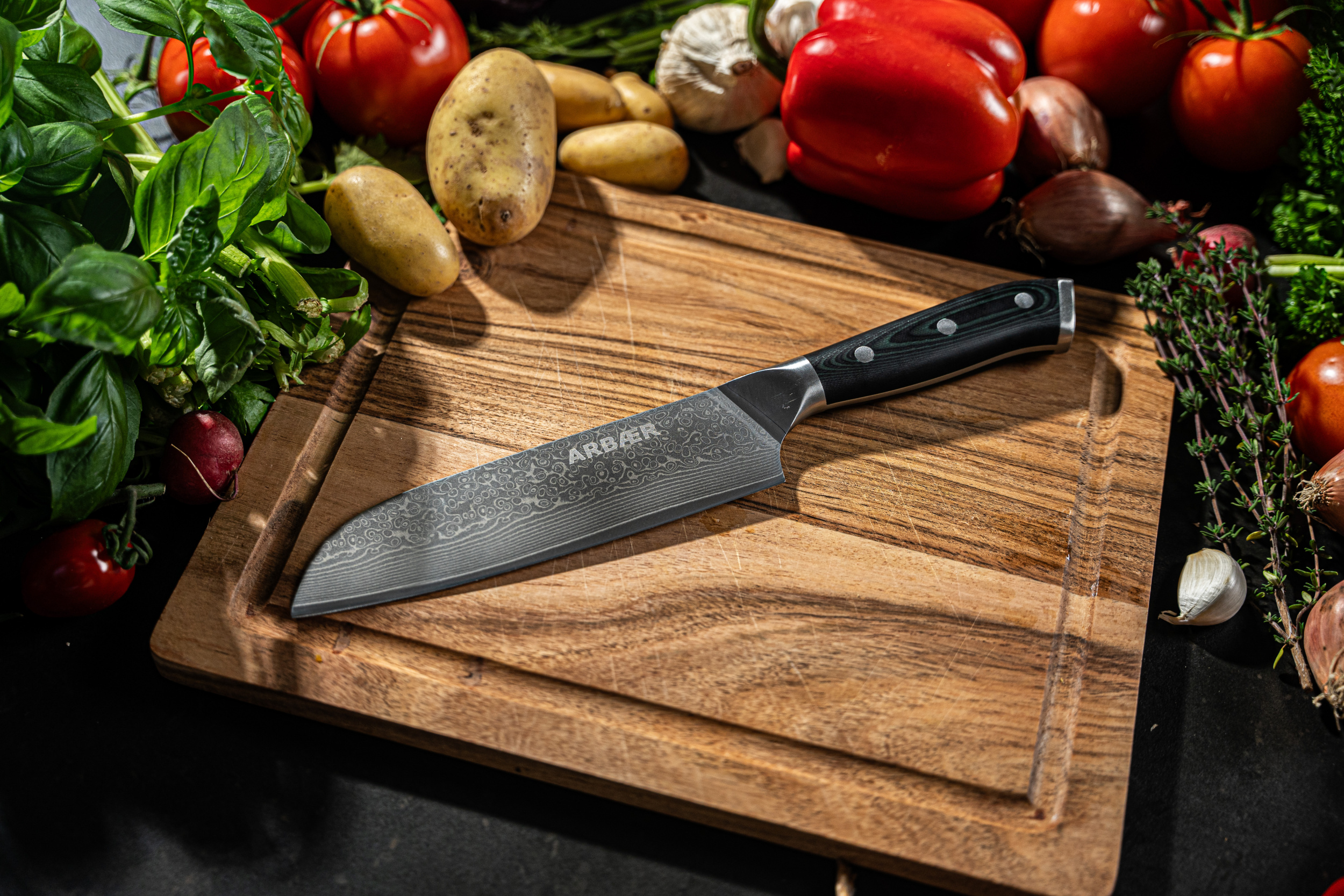 Couteau de chef Arbaer - Lame Santoku japonaise - Acier Damas