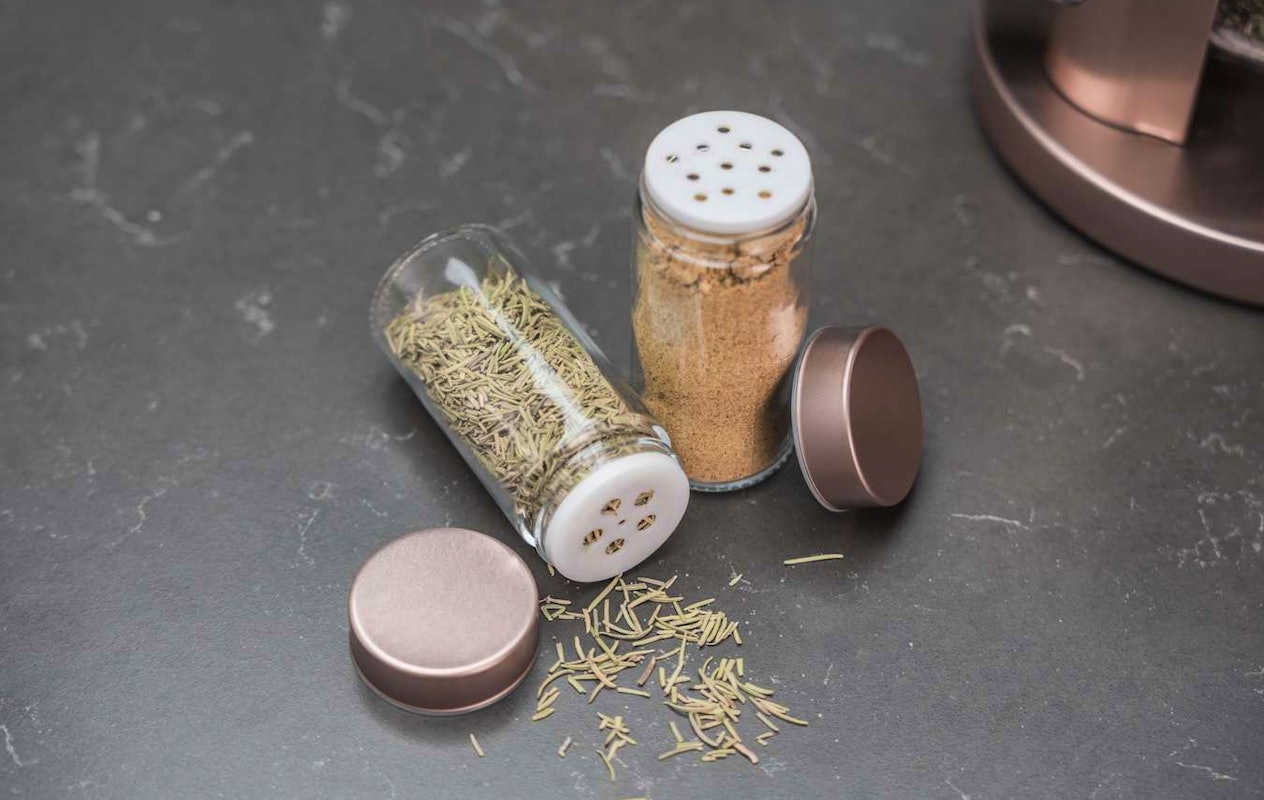 Draaibaar kruidenrek voor de keuken, roestvrijstalen carrousel met 12 ronde kruidenpotjes van 100 ml, label Draaibaar kruidenrek voor de keuken, roestvrijstalen carrousel met 12 ronde kruidenpotjes van 100 ml, label
