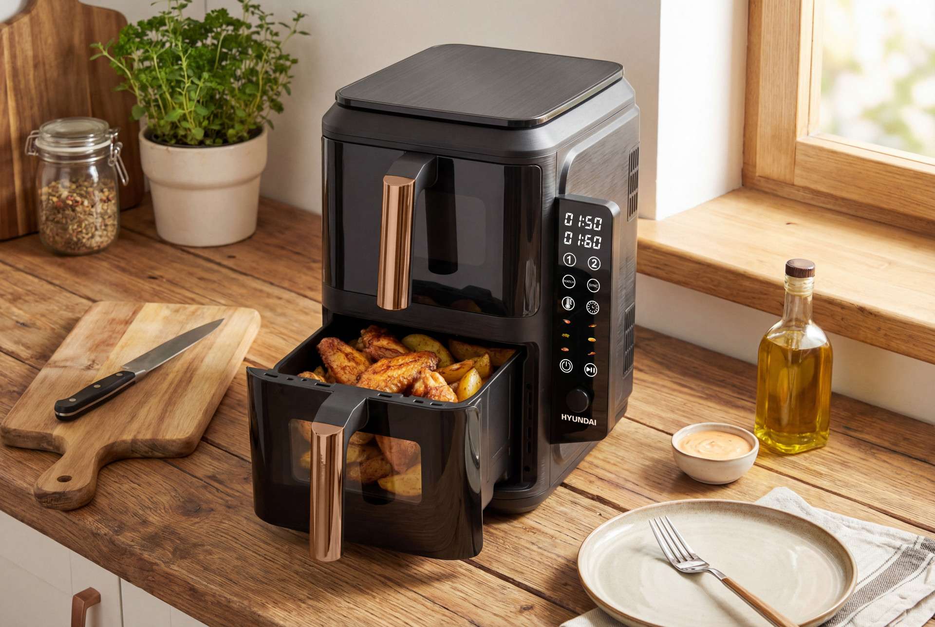 Hyundai dubbele airfryer XXL – twee lades van 5,2 liter en 2300 watt vermogen