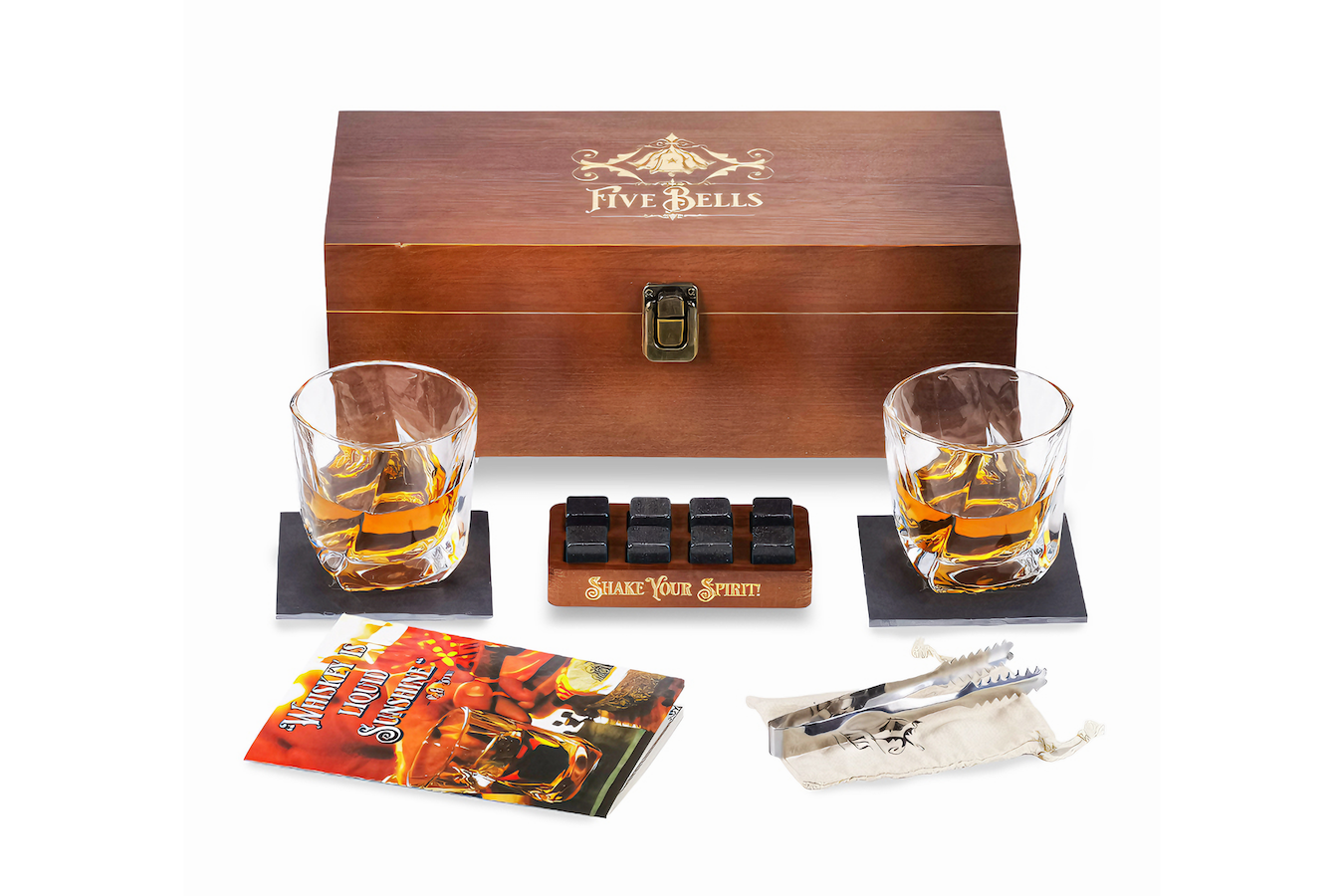 Klassieke whiskey glazen - Met herbruikbare ijsblokjes - Houten geschenkverpakking