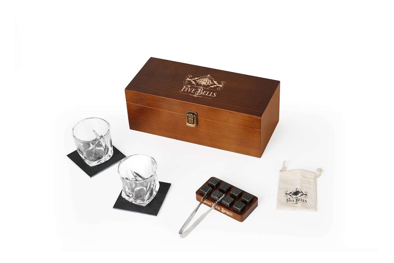 Klassieke whiskey glazen - Met herbruikbare ijsblokjes - Houten geschenkverpakking