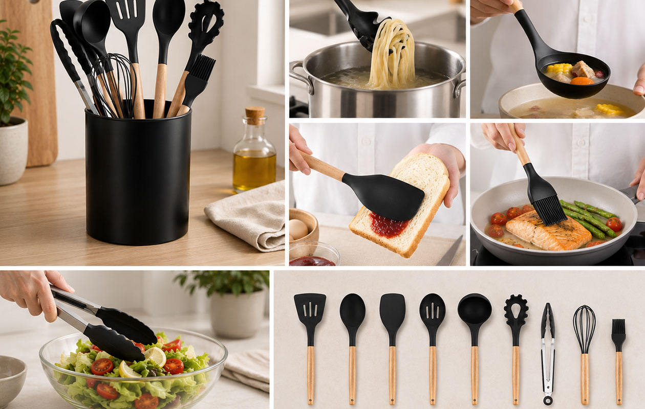 Set d’ustensiles de cuisine en silicone, 12 pièces