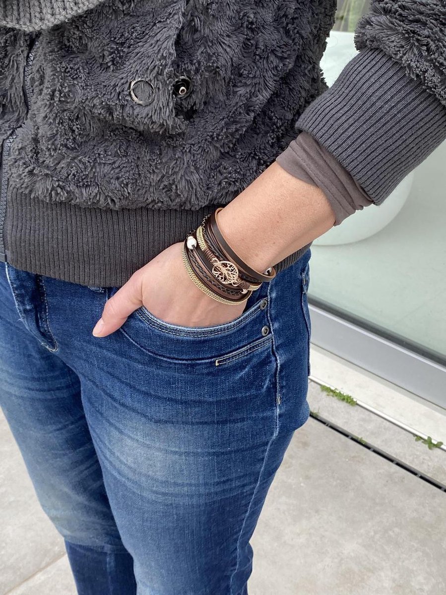 Leren wikkelarmband bruin met levensboom en rosegouden details 20,5cm