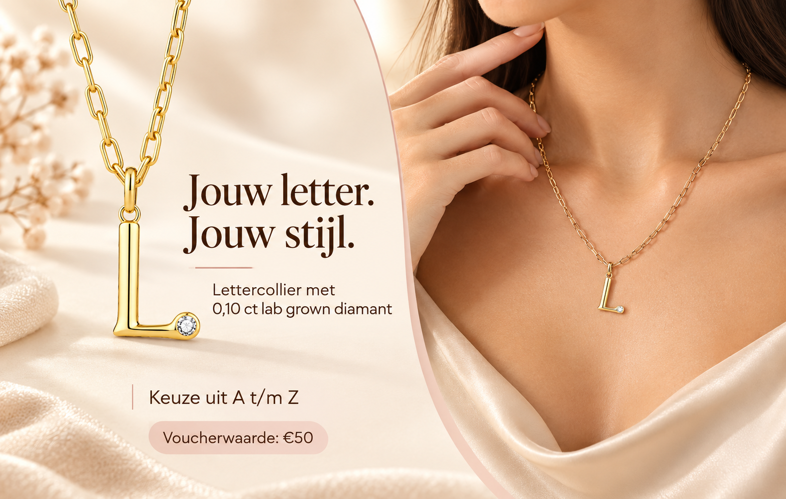 Waardebon t.w.v. €50 voor een Lettercollier met Lab Grown Diamant van Di Lusso