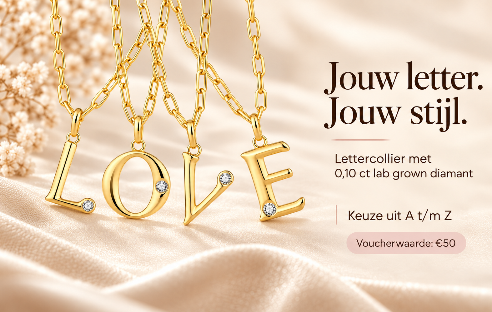 Waardebon t.w.v. €50 voor een Lettercollier met Lab Grown Diamant van Di Lusso