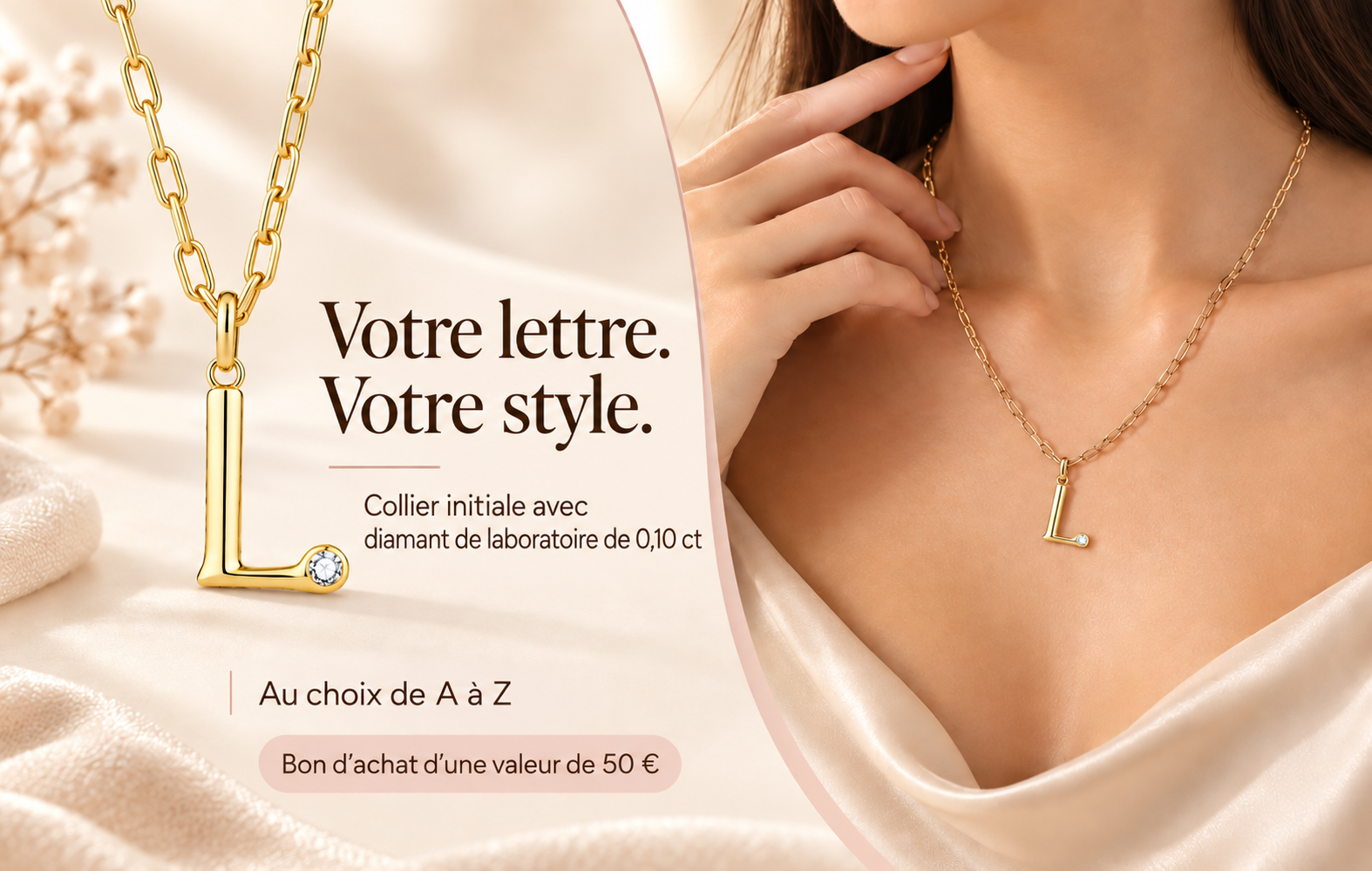 Bon d’achat d’une valeur de 50 € pour un collier lettre avec diamant de laboratoire de Di Lusso