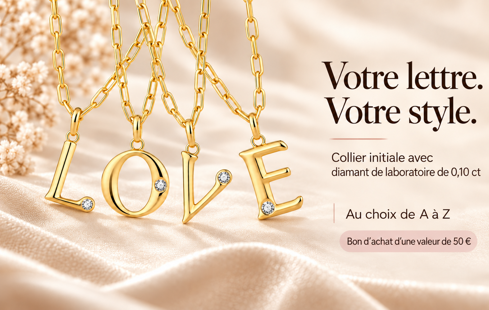 Bon d’achat d’une valeur de 50 € pour un collier lettre avec diamant de laboratoire de Di Lusso