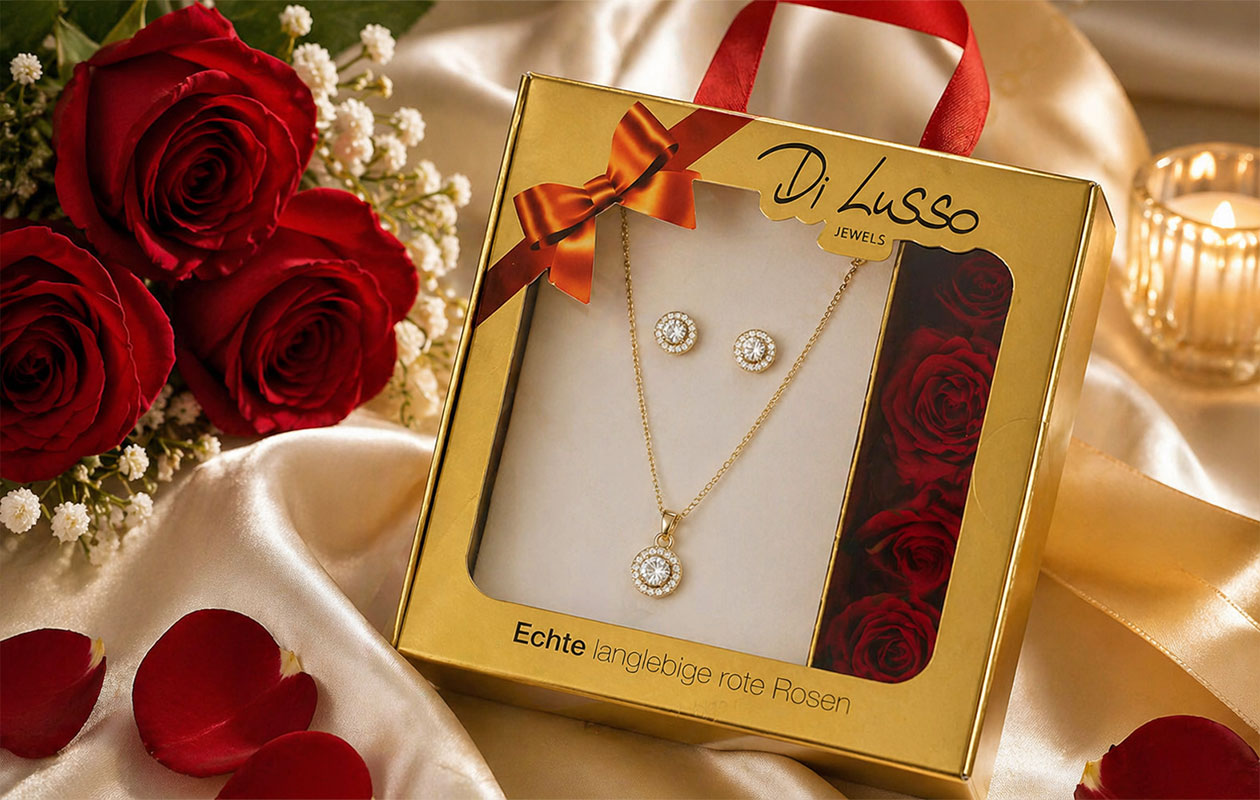 Di Lusso Rozendoos met goldplated sieradenset