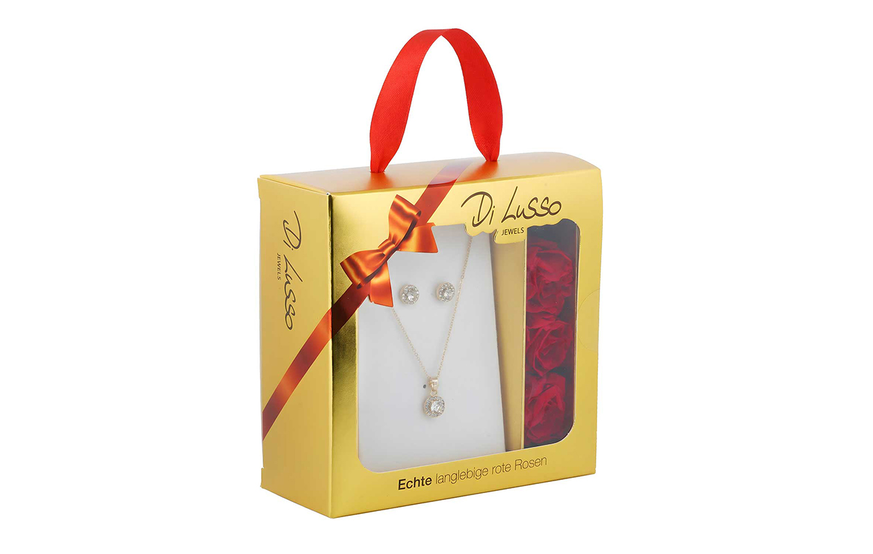 Di Lusso Rozendoos met goldplated sieradenset