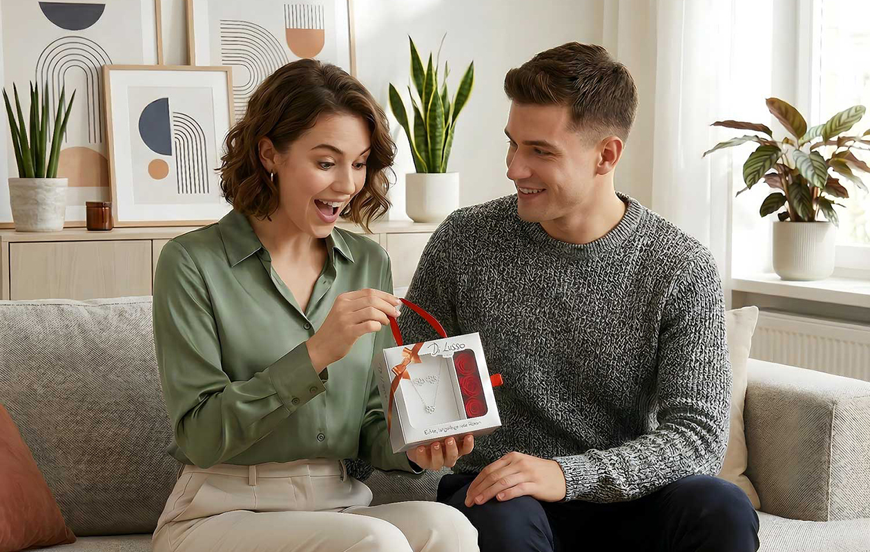 Di Lusso Rozendoos met zilverkleurige sieradenset