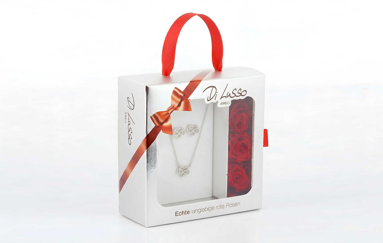 Di Lusso Rozendoos met zilverkleurige sieradenset