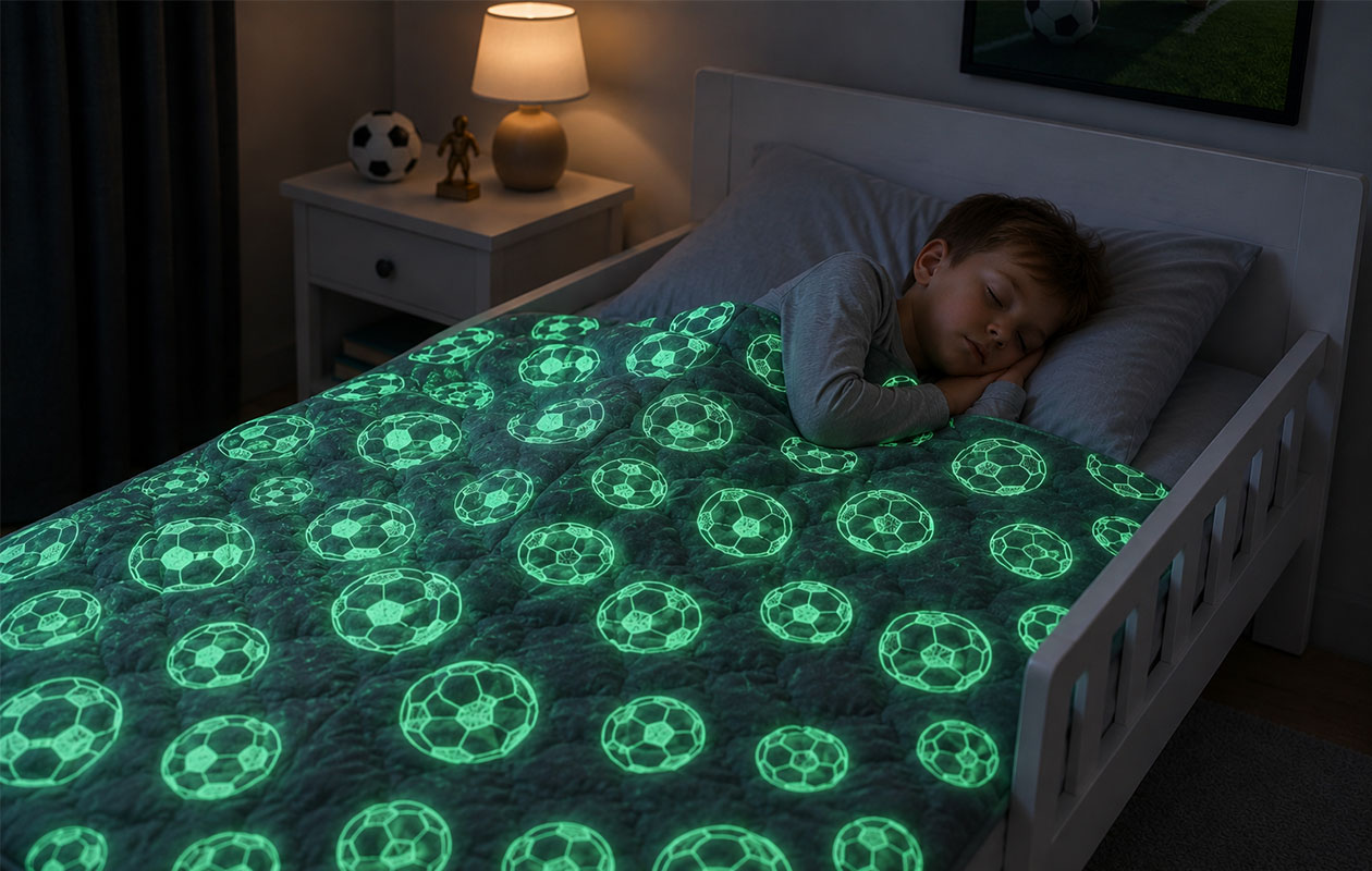 Glow in the dark dekbed 140x200cm met 1 kussensloop - Voetbal