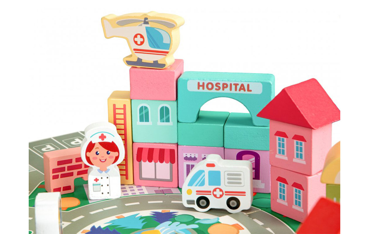 Houten Educatieve Blokken Stad met Speelmat – 121 delen