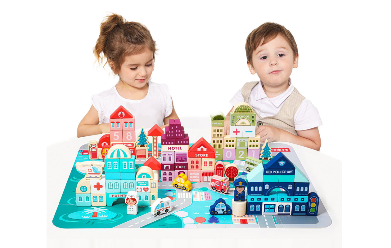 Houten Educatieve Blokken Stad met Speelmat – 121 delen