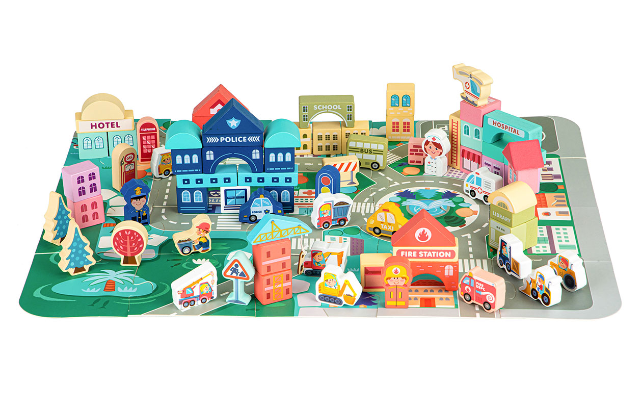 Houten Educatieve Blokken Stad met Speelmat – 121 delen