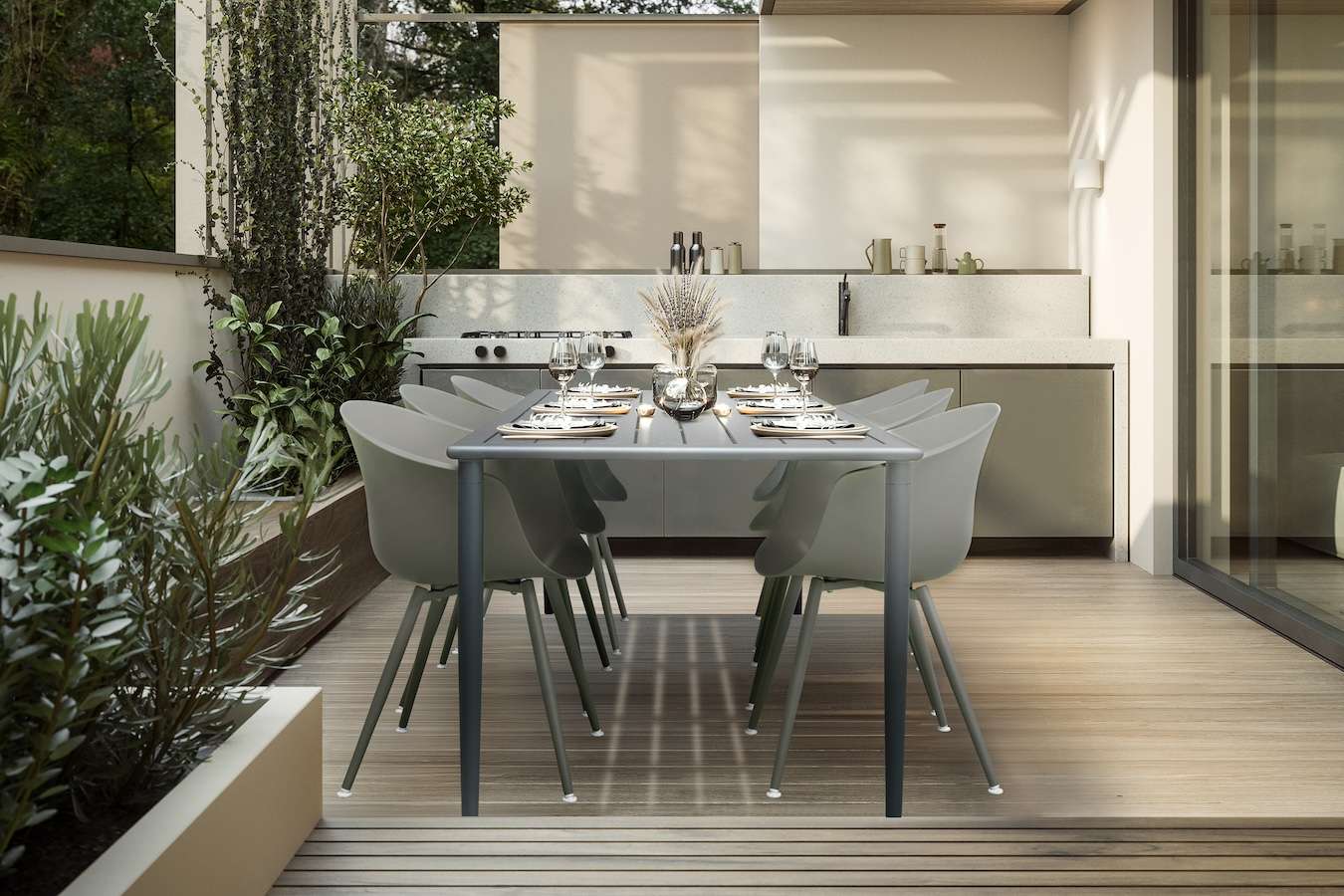 Feel Home - Luxe eettafel voor buiten - 200x90 cm - Met 6 kuipstoelen - MOSS Grey