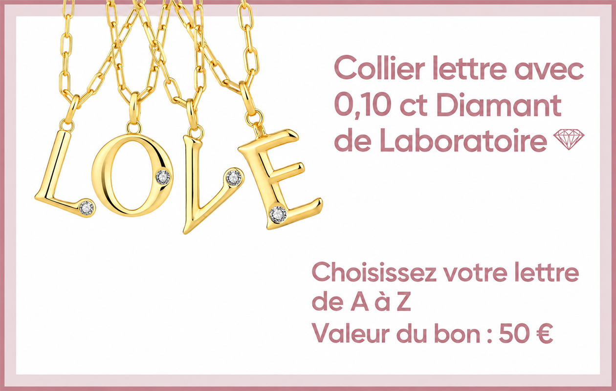 Bon d’achat d’une valeur de 50 € pour un collier lettre avec diamant de laboratoire de Di Lusso
