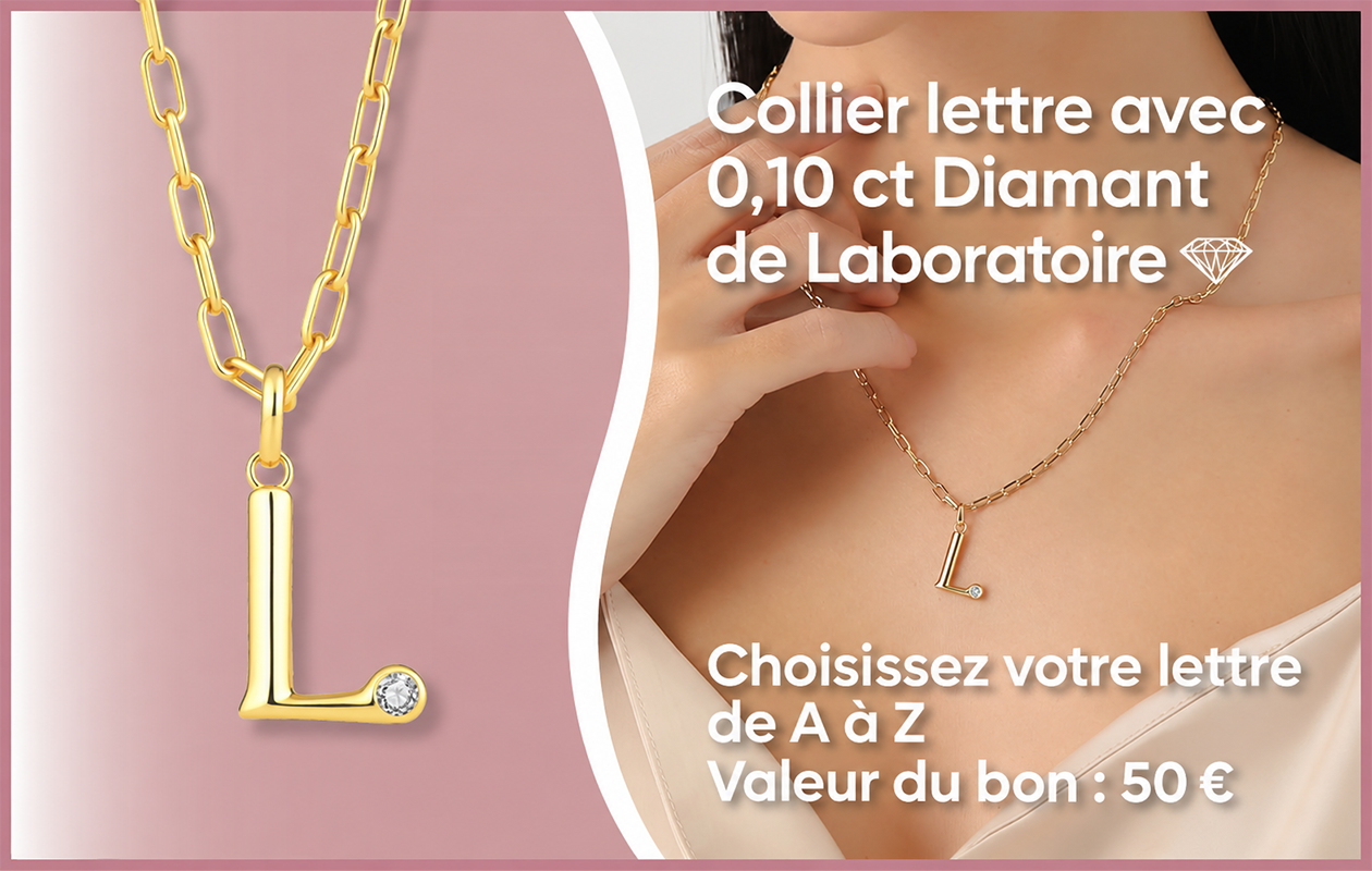 Bon d’achat d’une valeur de 50 € pour un collier lettre avec diamant de laboratoire de Di Lusso