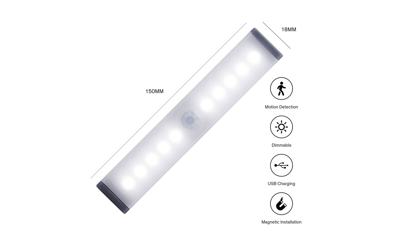 2x lampes LED Sinji avec détecteur de mouvement (15 cm) – Éclairage d’armoire à batterie