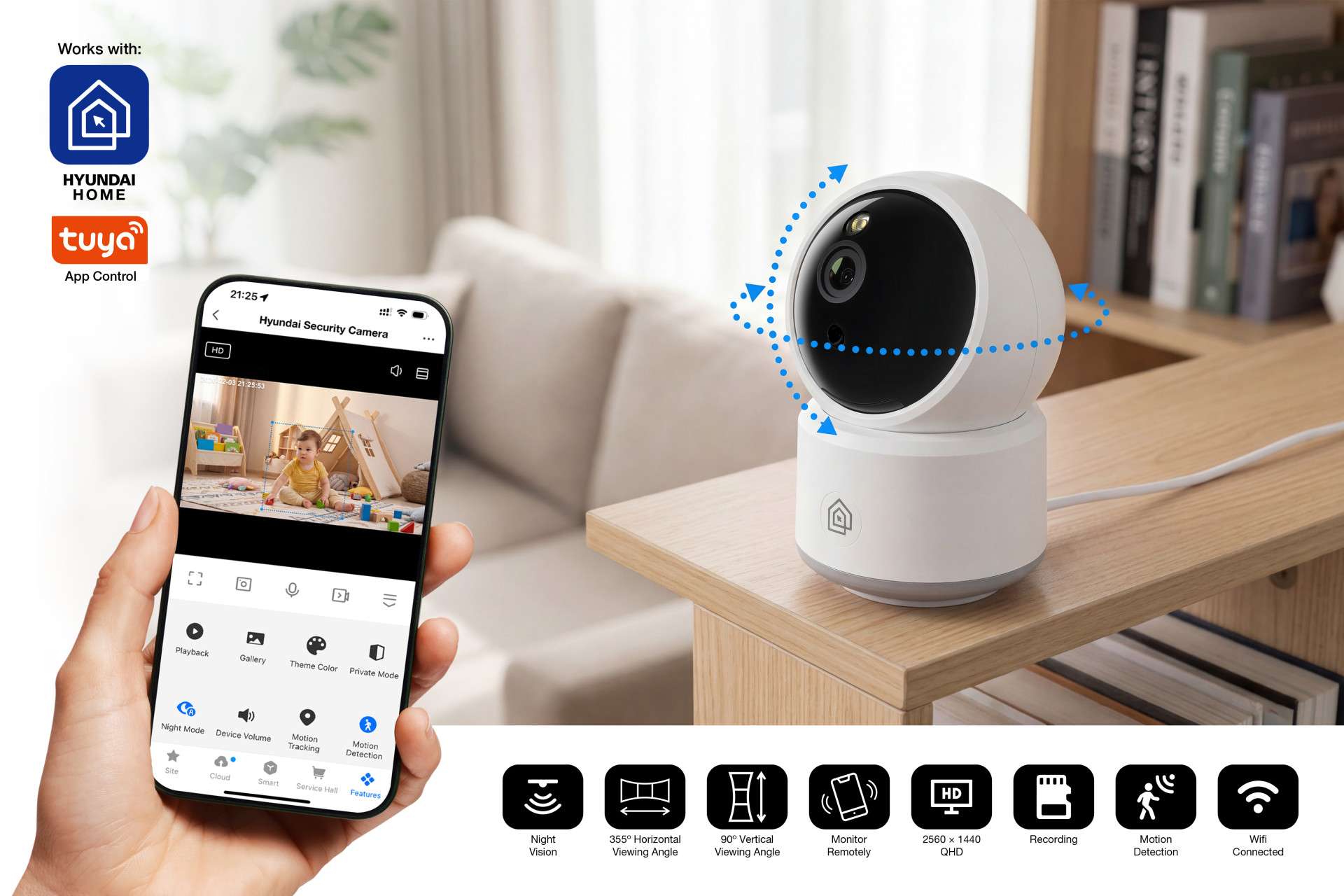 Hyundai Home 4MP draaibare WiFi camera met bewegingsdetectie