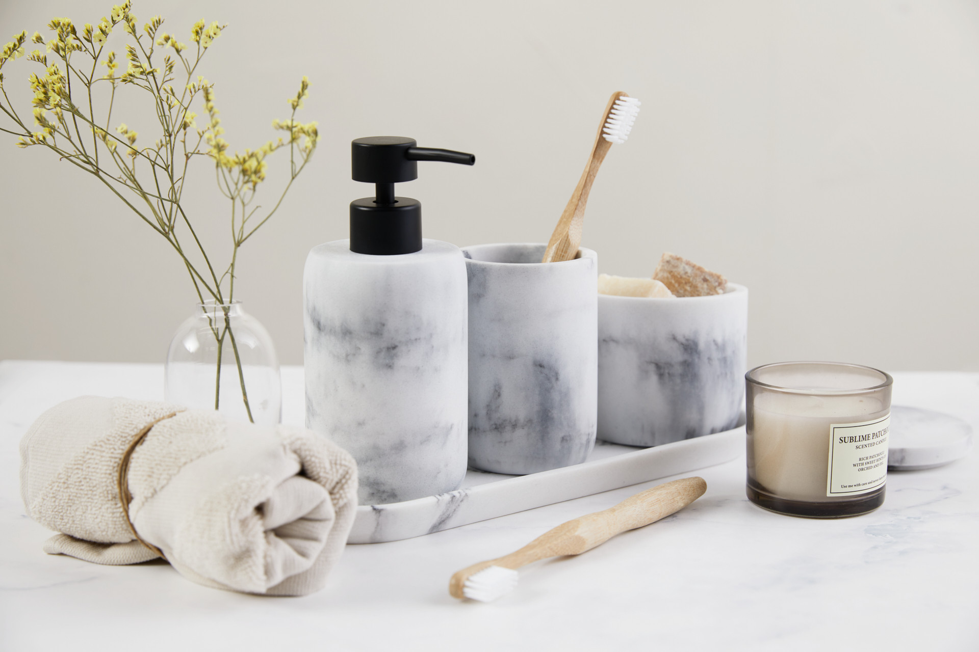 Lifa Living Ensemble d'accessoires de salle de bains de luxe 4 pièces - Blanc/gris