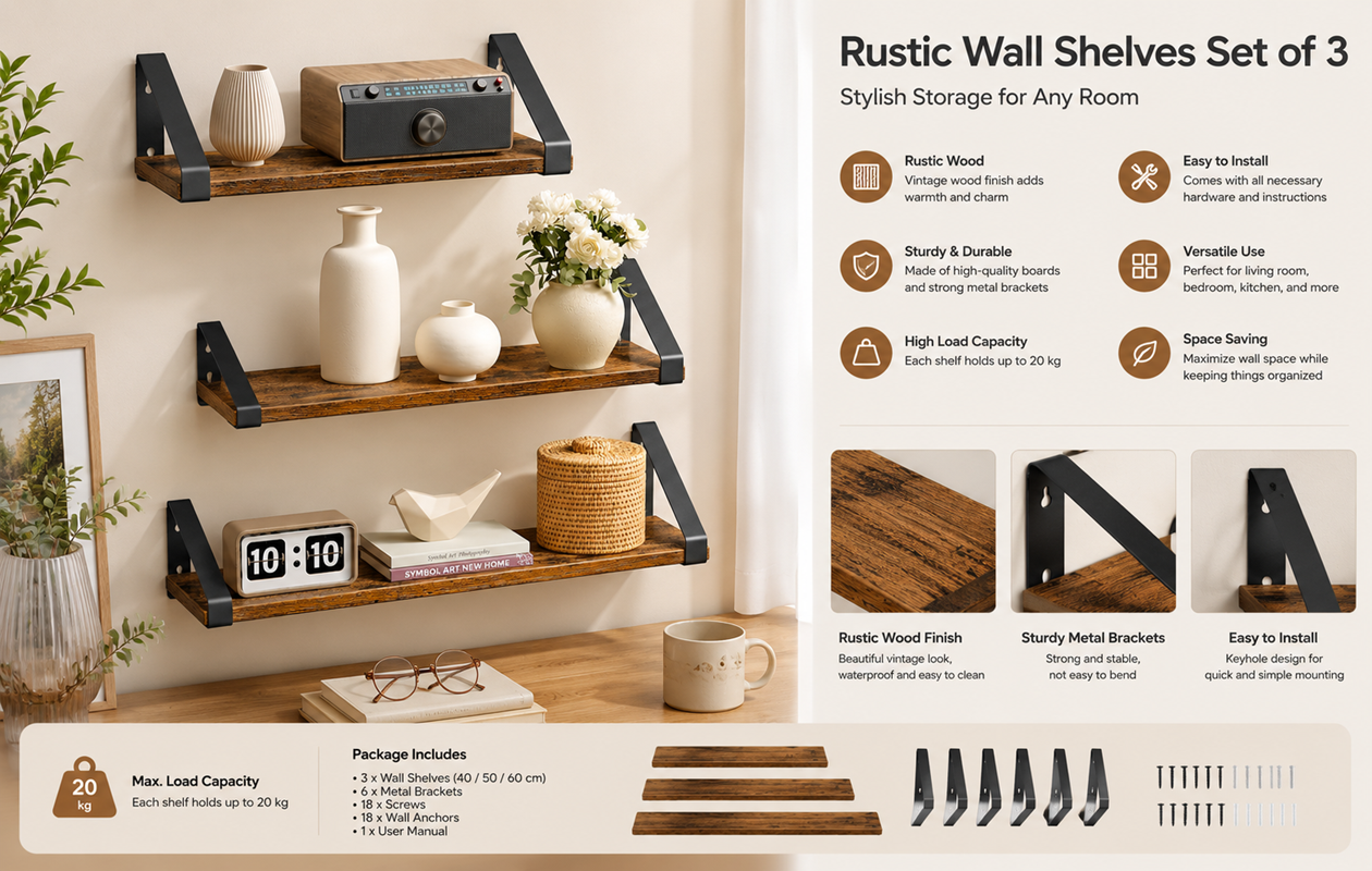 Wandplank vintage design, zwevende planken, set van 3
